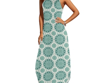 Teal Maxi Dress, Green Mandala White Long Spaghetti Straps Flowy Women Sleeveless Casual Cute Designer Elegant Plus Size Cocktail Party