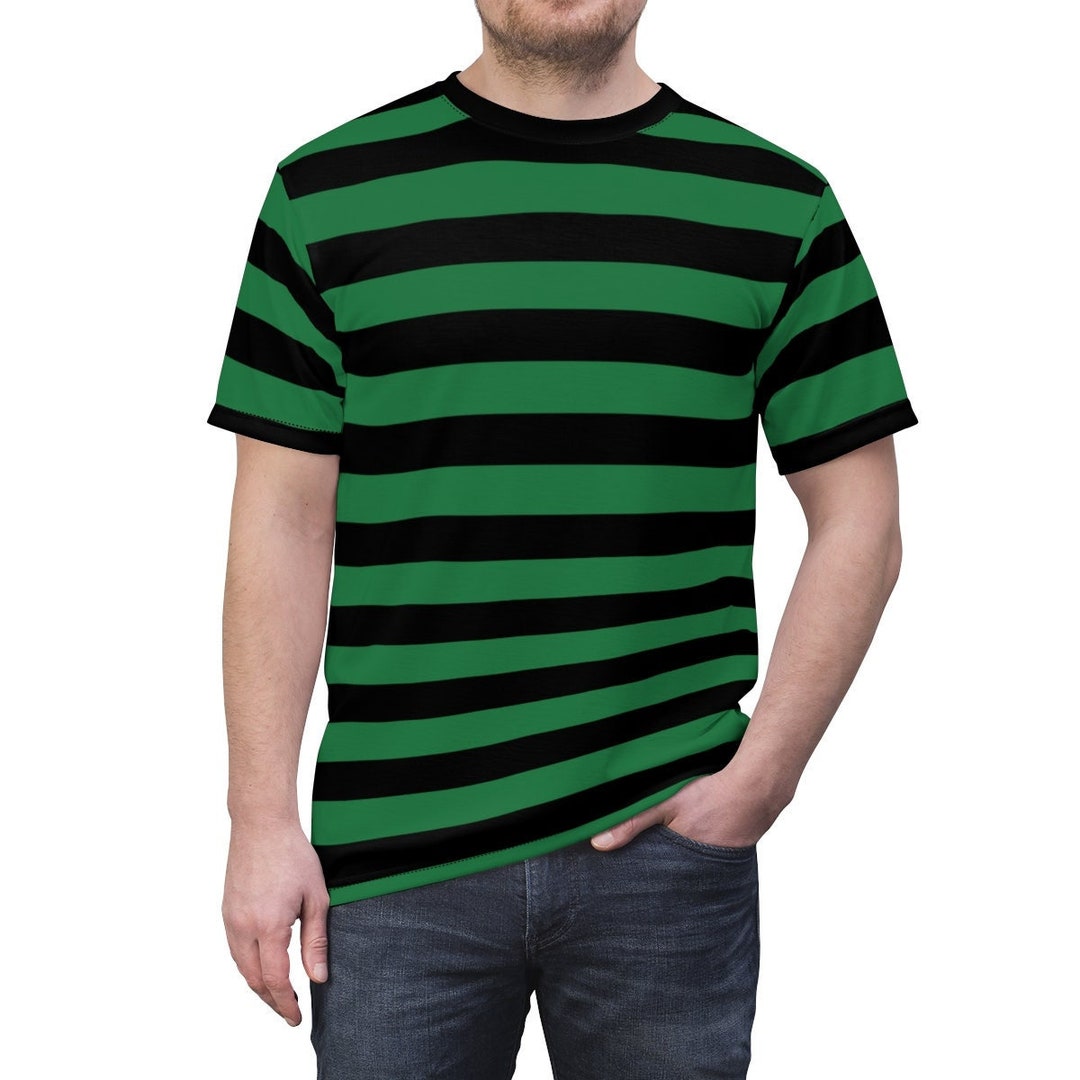 Black and Green Striped Men T Shirt, Vintage Bold Horizontal Black and Green Striped Men T Shirt, Vintage Bold Horizontal