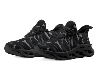 Black Camo Men Sneakers, Grey Camouflage Bouncing Mesh Knit Running Athletic Sport Gym Workout Breathable Lace Up Fitness Shoes Trainers