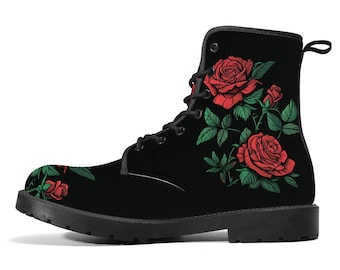 Red Roses Boots, Floral Flowers Women Men Black Vegan Leather Lace Up Shoes Print Ankle Punk Combat Gothic Winter Ladies Designer
