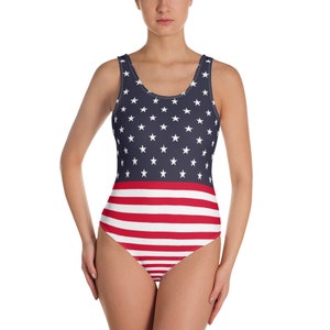 American Flag Swimsuit Women, USA Stars Stripes Red White Blue Fourth 4th of July America Patriotic One Piece Swim Bathing Suits Swimwear