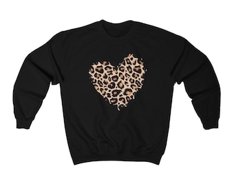 Sudadera Leopard Heart, Cheetah Graphic Valentines Day Crewneck Fleece Sweater Pullover Men Women Aesthetic Top