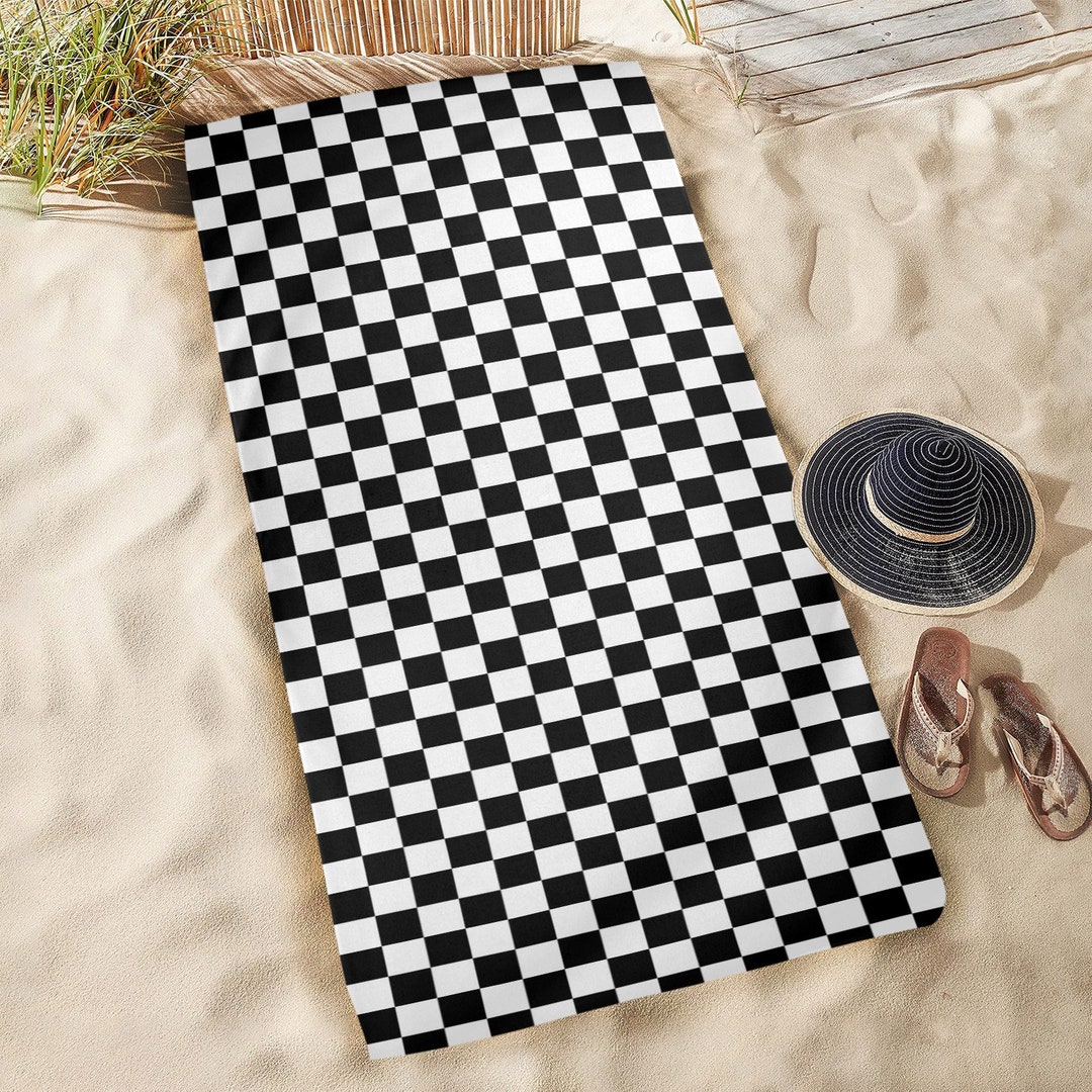 Checkered Oversized Beach Towel, Black White Check Checkerboard Pool
