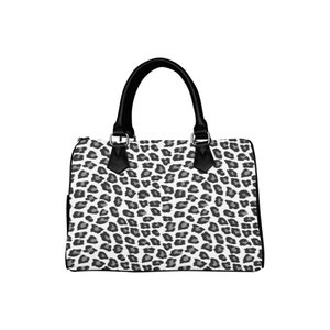 Snow Leopard Print Purse Handbag, Animal Black White Cheetah Canvas Leather Barrel Type Designer Zipper Closing Accessory Bag Top Handle