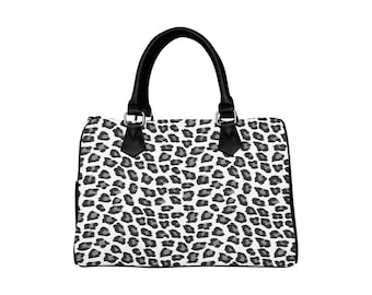 Snow Leopard Print Purse Handbag, Animal Black White Cheetah Canvas Leather Barrel Type Designer Zipper Closing Accessory Bag Top Handle