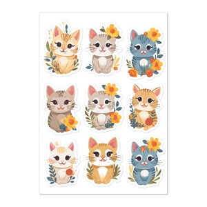 Cats with Flowers Sticker Sheets Set,  Kittens Aesthetic Cute Wall Decal Pack Car Decor Vinyl Water Proof Die Cut Glossy