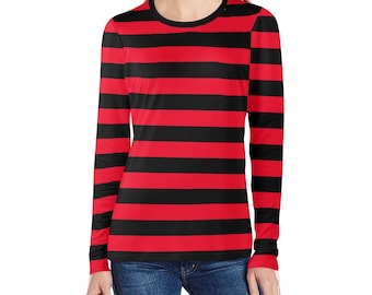 Camiseta de manga larga con rayas rojas y negras para mujer, diseño de rayas horizontales, ajustada, con cuello redondo, a la moda para adultos