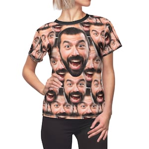 Custom Face All Over Print Photo Women&#39;s T-Shirt, Funny Repeating Photo Image  Boyfriend Pet Personalized Bachelorette Party Homecoming Tee