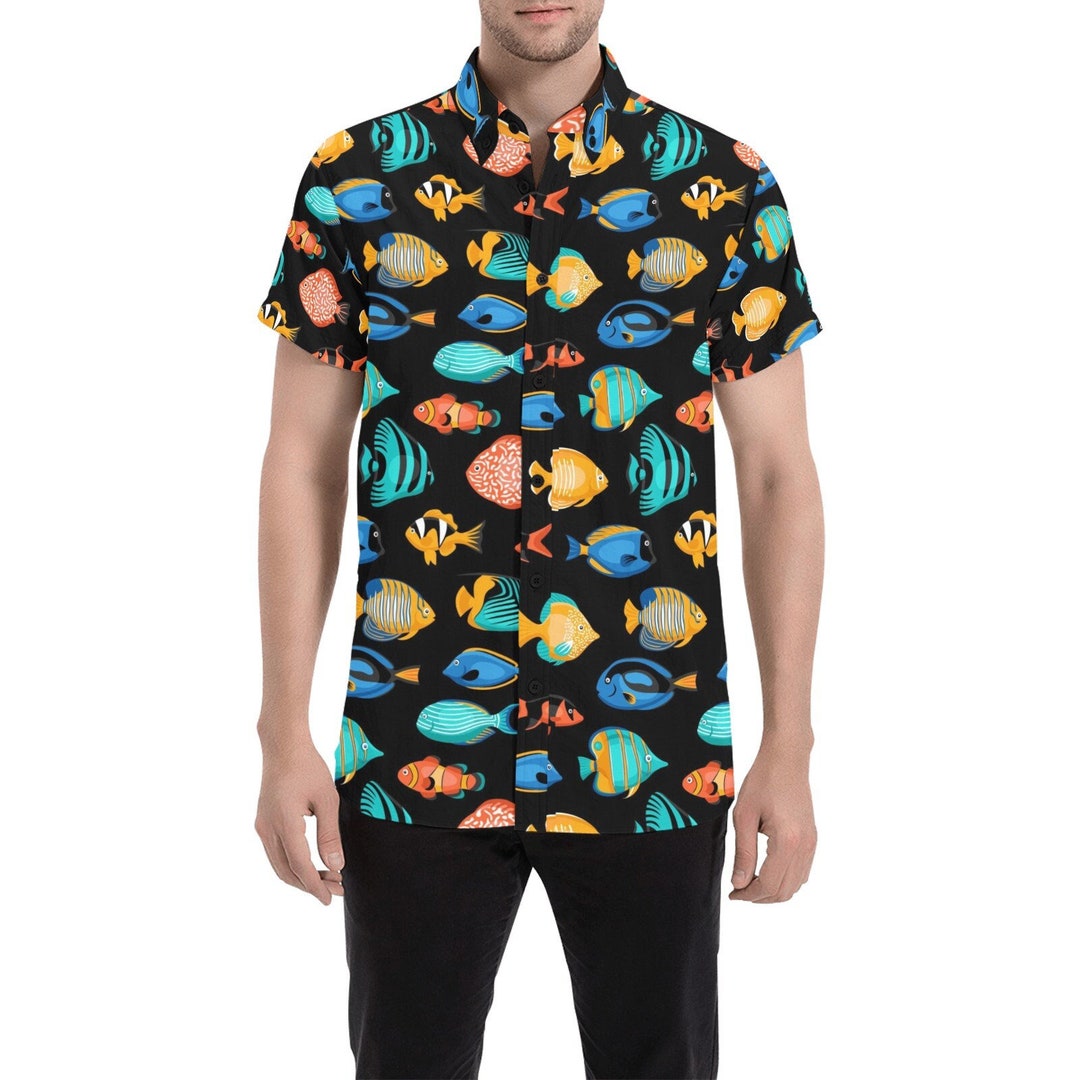 Tropical Fish Short Sleeve Men Button up Shirt, Exotic Fishing