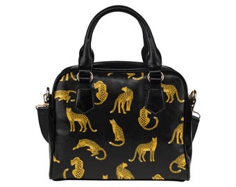 Leopardväska, djurpäls med gepard, guldtryck, panter, pumamönster, söt liten axelväska, veganskt läder, designerväska för kvinnor, axelremsväska