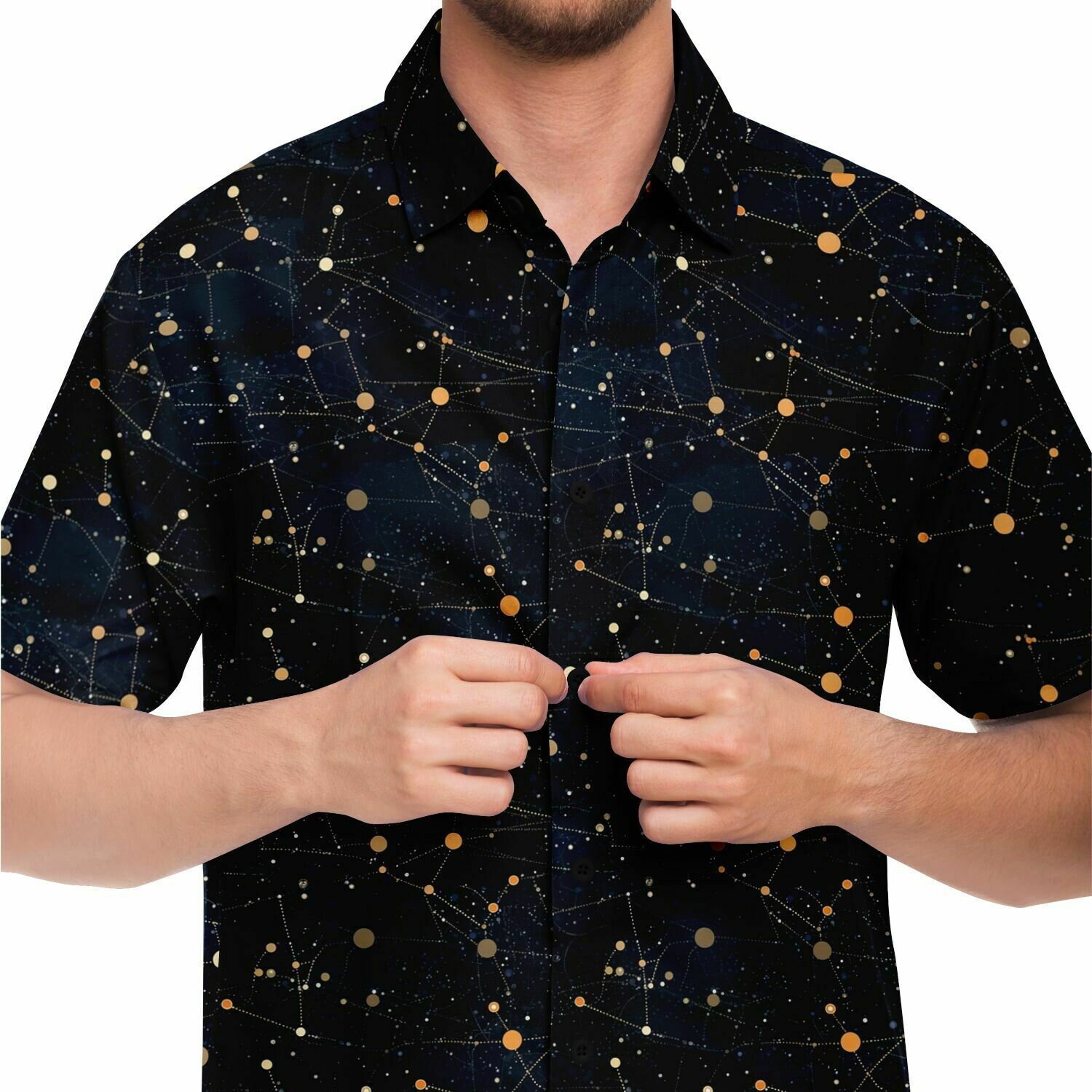 mens dress shirt with stars Stars Long Sleeve Men Button up Shirt, Space Black White Print Dress Buttoned Collar Dress Shirt With Chest Pocket