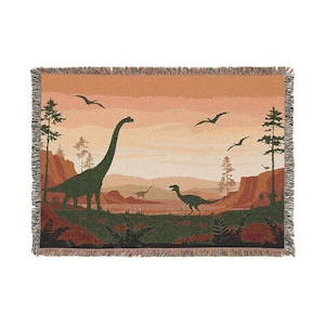 Dinosaur Woven Throw Blanket Tapestry, Dino Velociraptor Boho Vintage Cotton Fringe Cozy Warm Adult Kids Small Large Bed 50x60 Decorative