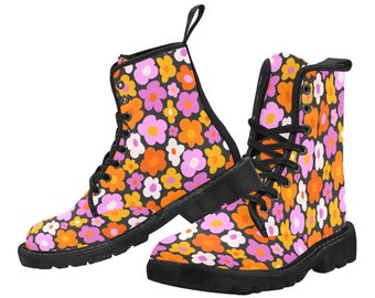 Groovy Flowers Women's Boots, Retro Vintage 70s Floral Vegan Canvas Lace Up Shoes Print Black Ankle Combat Festival Casual Custom Gift