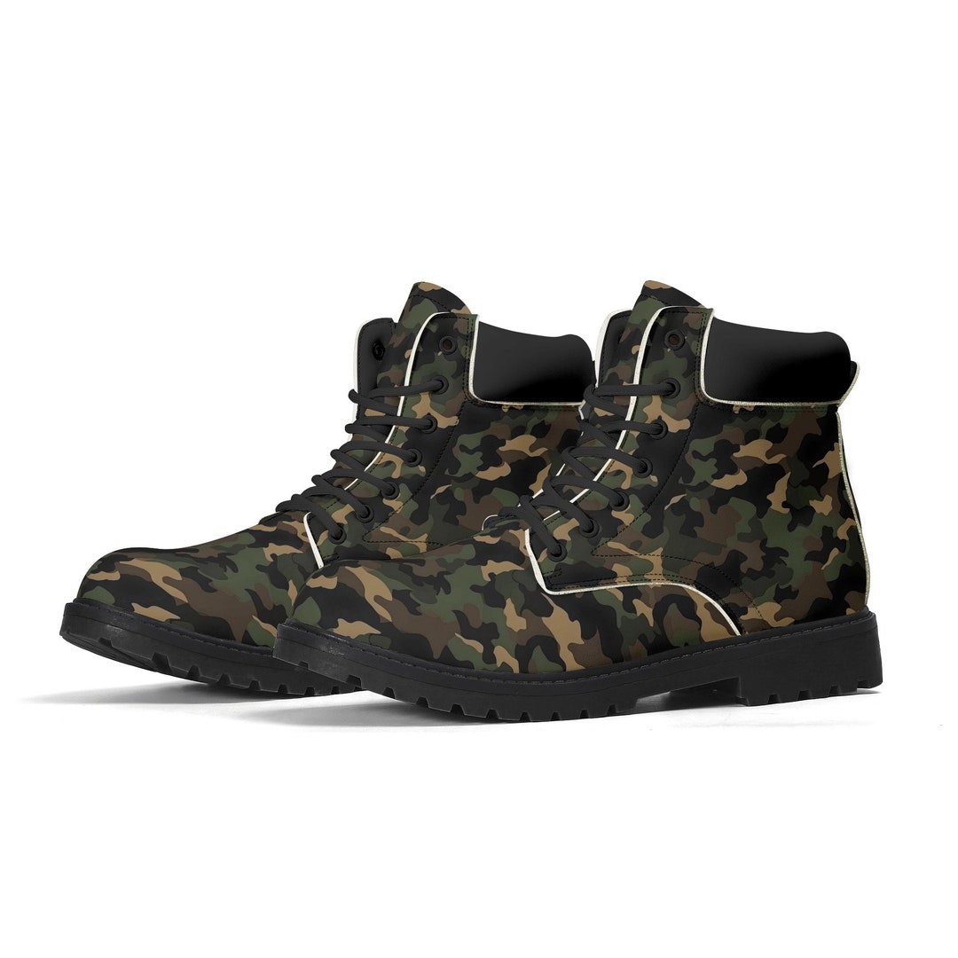 Camouflage Men Leather Boots, Green Camo Vegan Lace up Shoes  display picture 3