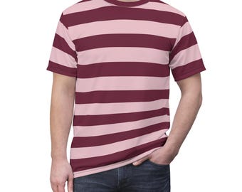 Burgundy Pink Striped Tshirt, Maroon Blush Horizontal Retro Designer Lightweight Heavyweight Crewneck Men Women Tee Top Short Sleeve Shirt