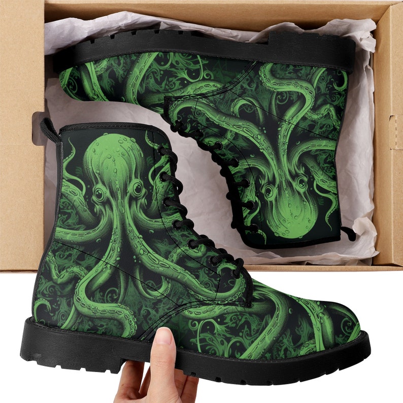 Octopus Men Leather Boots, Tentacles Green Vegan Lace Up Shoes Hiking Festival Black Ankle Combat Work Winter Waterproof Custom Gift image 3