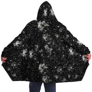 Black Galaxy Hooded Cloak, Space Universe Dark Matter Men Women Winter Warm Mink Blanket Festival Rave Wearable Cape Pockets