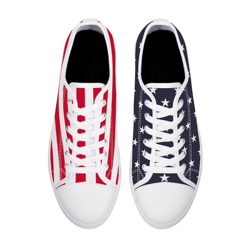 Zapatos de mujer con bandera estadounidense, rojo, blanco, azul, patriótico, 4 de julio, estrellas, rayas, EE. UU., zapatillas bajas de lona con cordones, planas para niñas y mujeres imagen 2
