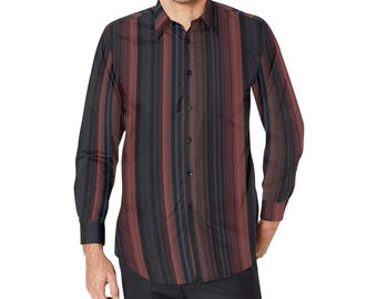 Dark Maroon Striped Long Sleeve Men Button Up Shirt, Navy Blue Vertical Print Guys Male Buttoned Collared Casual Dress Shirt Chest Pocket