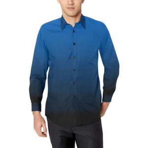 May include: A long-sleeved button-down shirt with a gradient design, transitioning from a dark blue to a black color.
