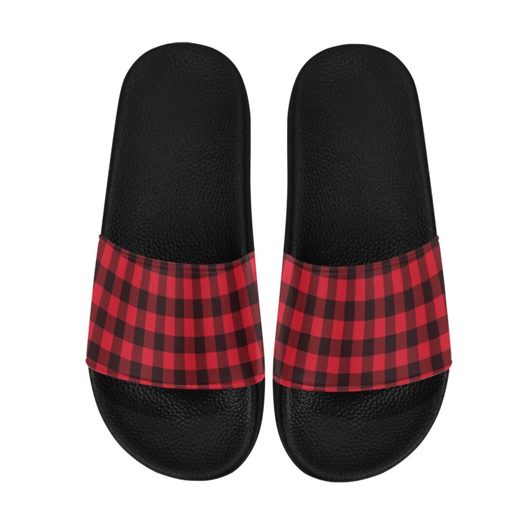 Buffalo Plaid Women Slide Sandals, Red Black Tartan Check  display picture 1