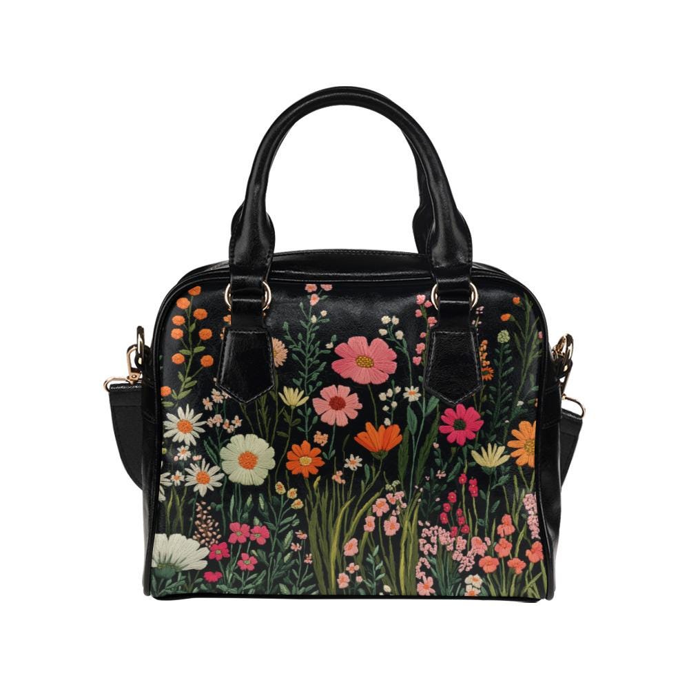 Wild Flowers Purse, Floral Faux Embroidery Printed Pattern Cute