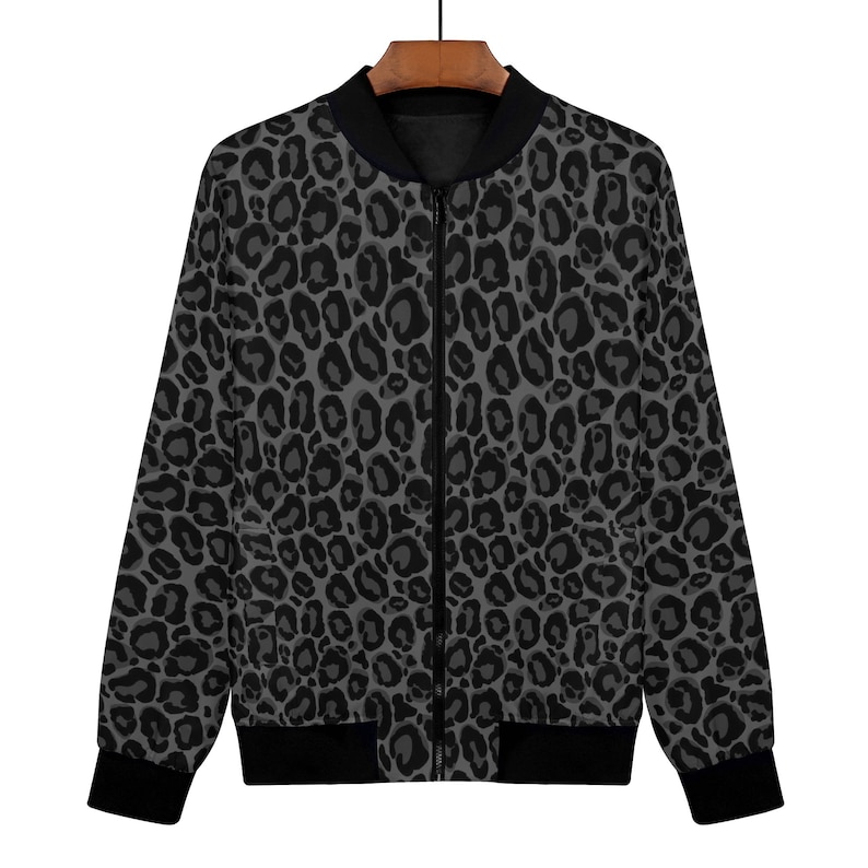 Chaqueta bomber de mujer de leopardo gris negro, estampado de guepardo animal con cremallera para invierno Vintage Varsity Warm Designer Coat Outfit Plus Size Ladies imagen 3
