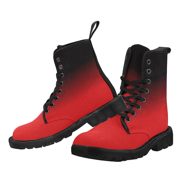 Red Black Ombre Women's Boots, Gradient Dip Tie Dye Vegan Canvas Lace Up Shoes Print Army Ankle Combat Winter Casual Custom Gift