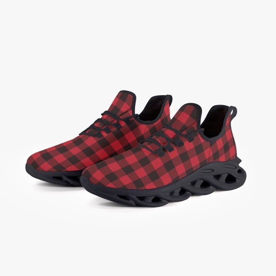 Red Black Buffalo Plaid Men Sneakers, Check Bouncing Mesh Knit