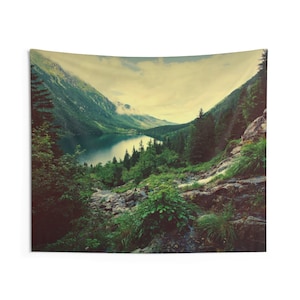 Mountain Lake Tapestry, Scenic Green Wilderness Nature Landscape Indoor Wall Art Hanging Tapestries Decor
