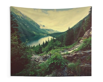 Mountain Lake Tapestry, Scenic Green Wilderness Nature Pine Forest Landscape Indoor Wall Art Hanging Small Large Dorm Cabin Decor