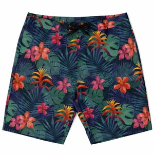 Neon Jungle Tropical Floral Pattern Board Shorts Men's Bathing