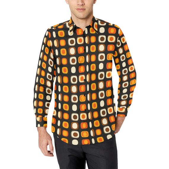 Retro Geometric Long Sleeve Men Button up Shirt, 70s Vintage Seventies  Brown Orange Black Print Buttoned Down Guys Male Collar Casual Dress - Etsy