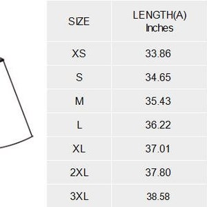 May include: Size chart for a sleeveless dress with measurements in inches for length and chest width. Sizes include XS, S, M, L, XL, 2XL, and 3XL.