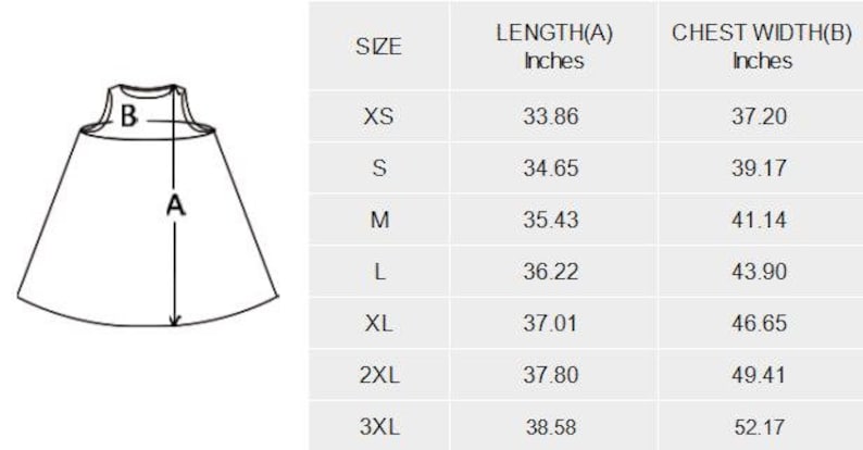 May include: Size chart for a sleeveless dress with measurements in inches for length and chest width. Sizes include XS, S, M, L, XL, 2XL, and 3XL.