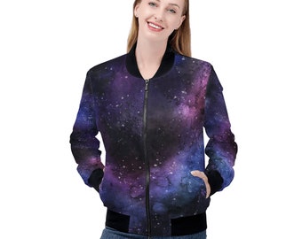 Galaxy Space Dambomberjacka, Lila Universum Dragkedja Streetwear Vinter Vintage Varsity Varm Designerjacka Outfit Plus Size