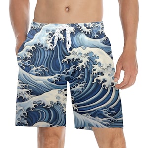 Japanese Waves Men Swim Trunks, Ocean Blue 7" Inseam Shorts Beach Pockets Mesh Lining Drawstring Casual Bathing Suit Plus Size Swimwear