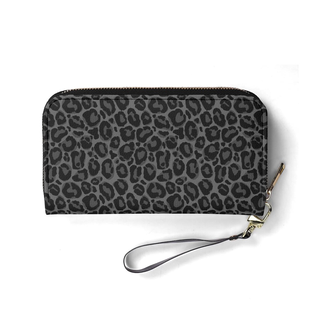 Black Leopard Wristlet Leather Wallet Women, Grey Animal