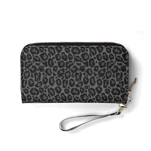 Schwarz Leopard Armband Leder Geldbörse Damen, Grau Animal Print Gepard Vegan Reißverschluss Reißverschluss Kreditkarten Tasche Damen Täschchen Clutch Geldbörse