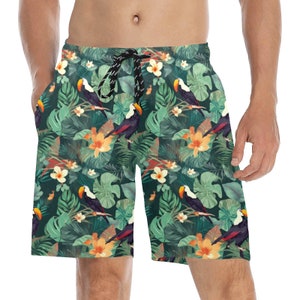 Toucan Men Swim Trunks, Tropical Green Leaves Mid Length Shorts Beach Surf Swimwear Front Back Pockets Mesh Lining Drawstring Bathing Suit