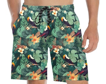 Męskie kąpielówki Toucan, Tropikalne zielone liście, średniej długości szorty, plażowy strój kąpielowy, kieszenie z przodu i z tyłu, podszewka z siateczki, ściągacz w talii