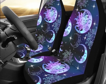 Sun Moon Stars Car Seat Covers for Vehicle (2 pcs), Celestial Retro Purple Witchy Front SUV Auto Truck Universal Protector Women Accessories