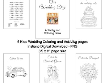 Peut inclure: Six pages à colorier imprimables pour enfants sur le thème du mariage. Les pages comprennent une recherche de mots, un gâteau de mariage, une voiture, une mariée et un marié, et un bouquet. Les pages mesurent 8,5 pouces par 11 pouces.