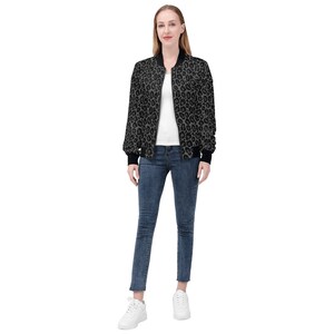 Chaqueta bomber de mujer de leopardo gris negro, estampado de guepardo animal con cremallera para invierno Vintage Varsity Warm Designer Coat Outfit Plus Size Ladies imagen 5