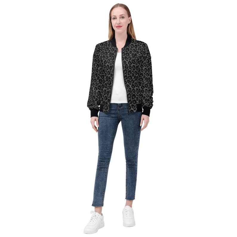Chaqueta bomber de mujer de leopardo gris negro, estampado de guepardo animal con cremallera para invierno Vintage Varsity Warm Designer Coat Outfit Plus Size Ladies imagen 5
