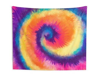 May include: A colorful tie-dye pattern in shades of purple, blue, yellow, orange, and pink. The pattern is a spiral design.