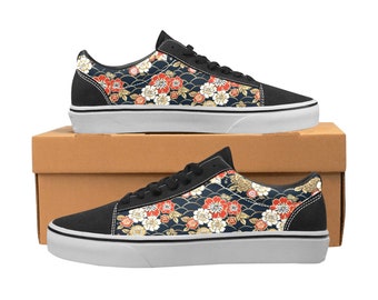 Blommiga damskor, japanska söta blommor, veganska, konstläder, snörning i kanvas, svarta vita, bekväma sneakers