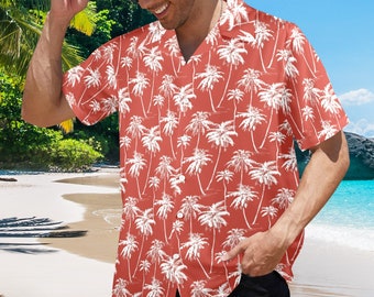 Rood en wit Hawaïaans herenshirt, palmbomen Designer V-hals Vintage Aloha Hawaii Retro Zomer Tropisch strand Grote maten jongens button-down