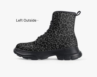 Botas gruesas de piel de leopardo negra, zapatos con cordones y estampado animal gris para senderismo, para hombre y mujer, para festivales, veganas, negras, para combate, trabajo, invierno, personalizadas.