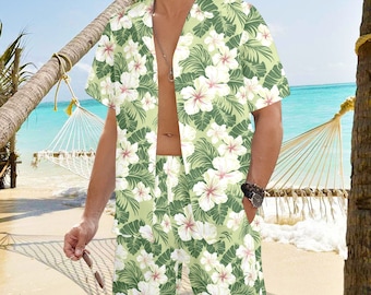 Tropical Shirt Shorts Outfit Set Men, Green White Floral Hibiscus Flower Matching Hawaiian Beach Male Summer Short Sleeve Button Up Down